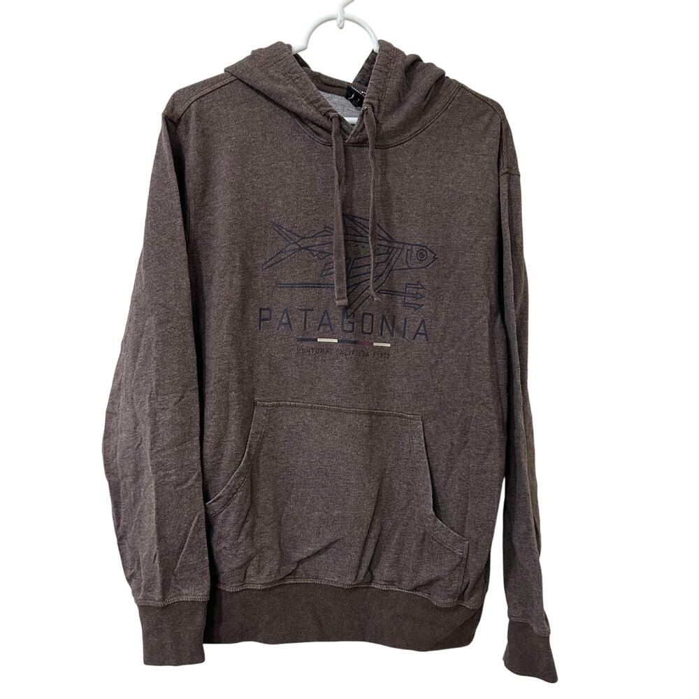 Patagonia Mens Sz Small Brown Geodesic Flying Fish Lightweight Hooded Sweatshirt
